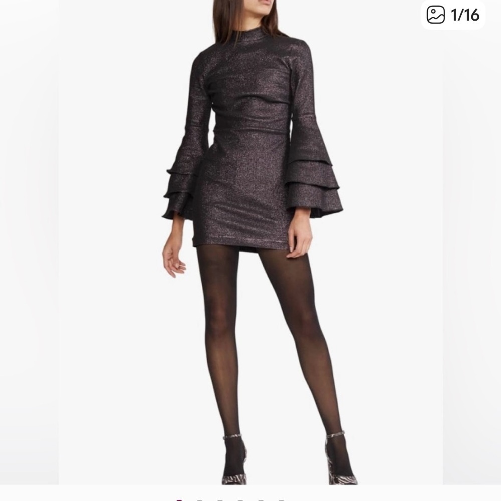Cynthia Rowley Shimmering Black Ruffle Long Sleeve Dress